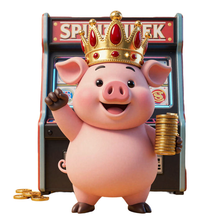 Maskottchen Buzzer das Schwein mit goldener Krone vor Spielautomat im CrazyBuzzer Casino