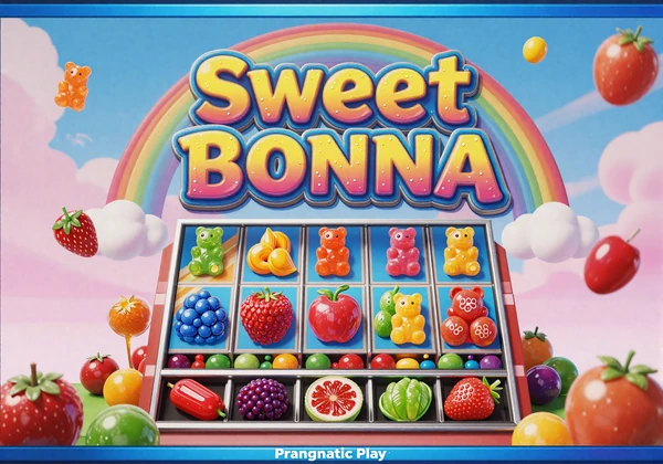 Sweet Bonanza Slot Cover mit S&uuml;&szlig;igkeiten und Lutschern